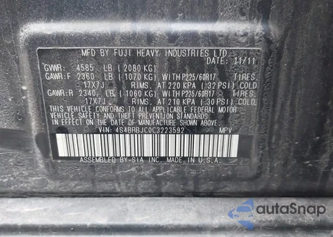 2012 Subaru Outback 2.5I Limited z USA, uszkodzony, nr VIN 4S4BRBJC0C3223592